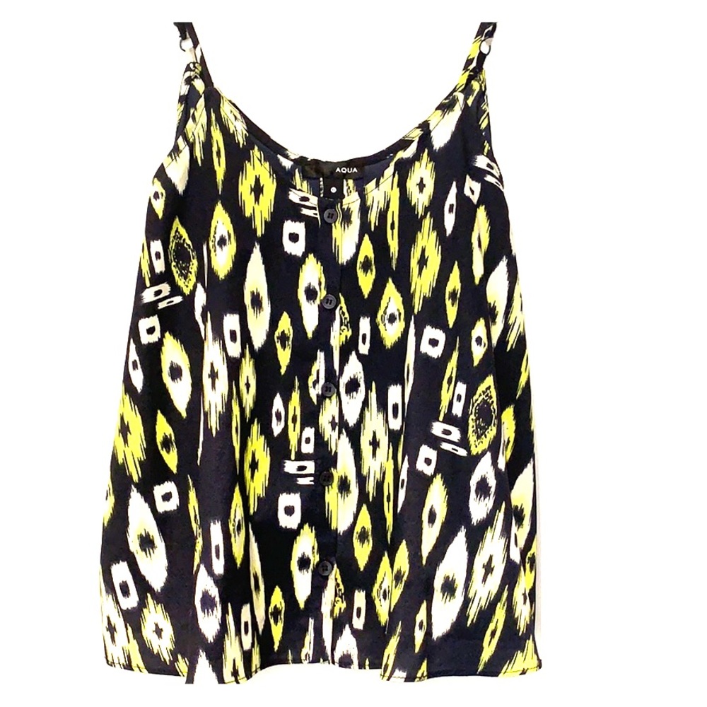 ❤️ Aqua Bloomingdale's Navy Blue Cami Tank Top Neon Yellow Print XS